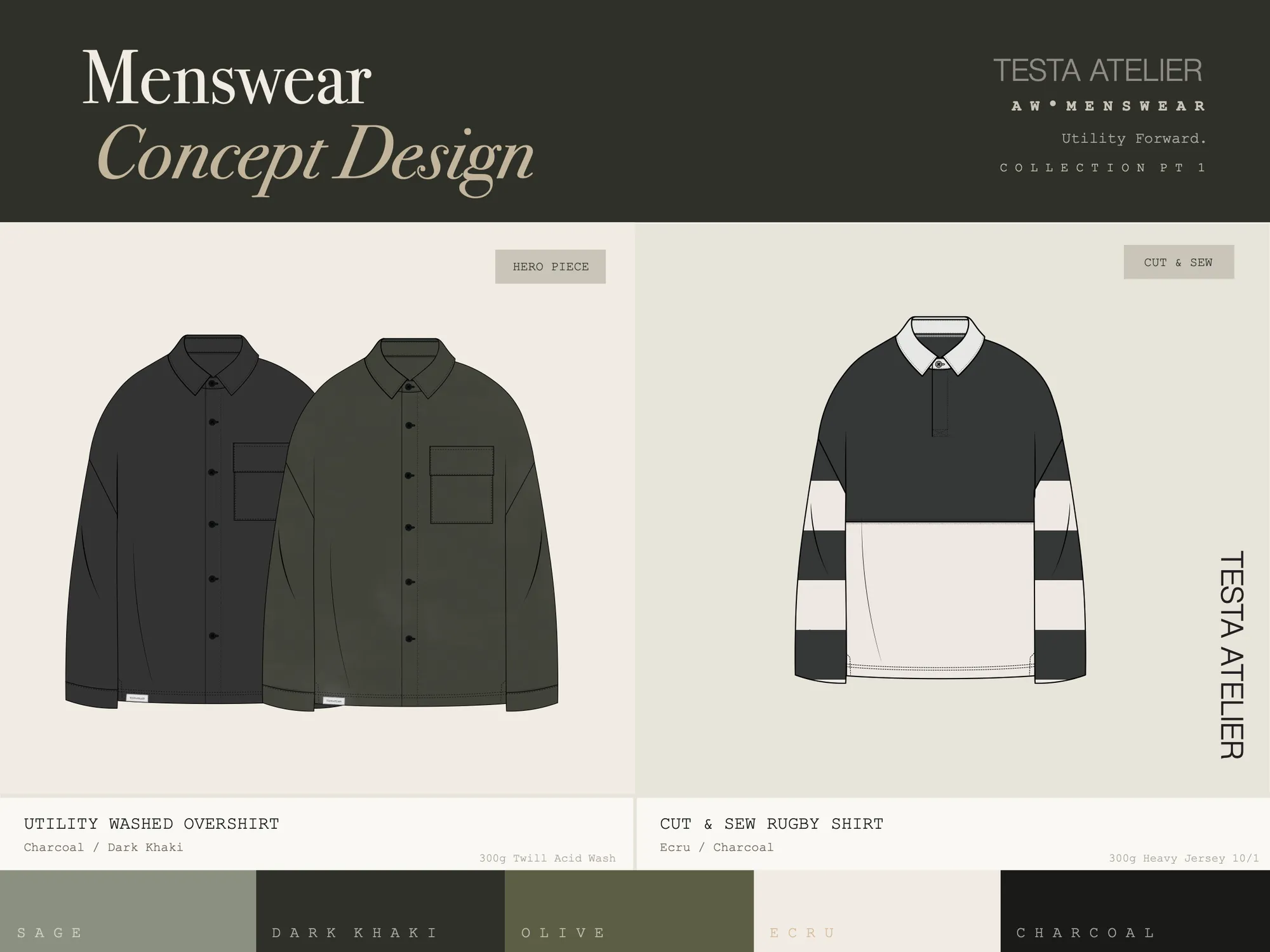 Menswear concept range, board 1: menswear concept board with a utility washed overshirt and a cut-and-sew rugby shirt, and a five-colour palette.