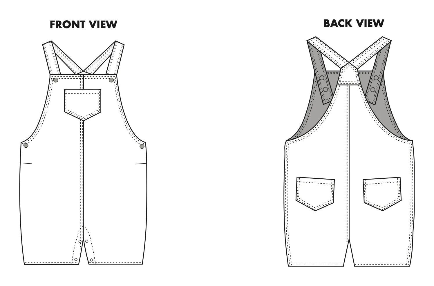 Printed baby romper, model overview: front and back technical flats of the romper.