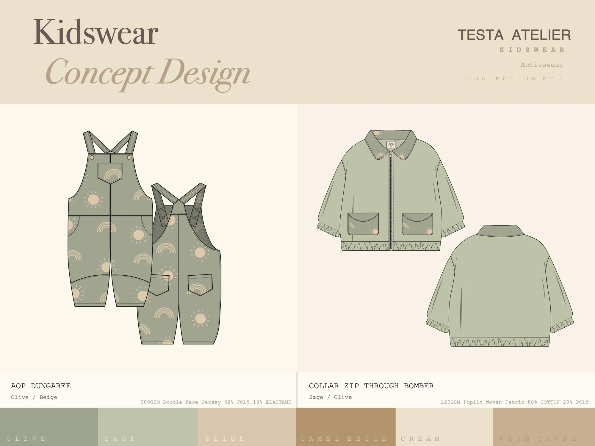 Kidswear concept range, board 1: kidswear concept board with a printed dungaree and a collar zip-through bomber in sage, and a six-colour palette.