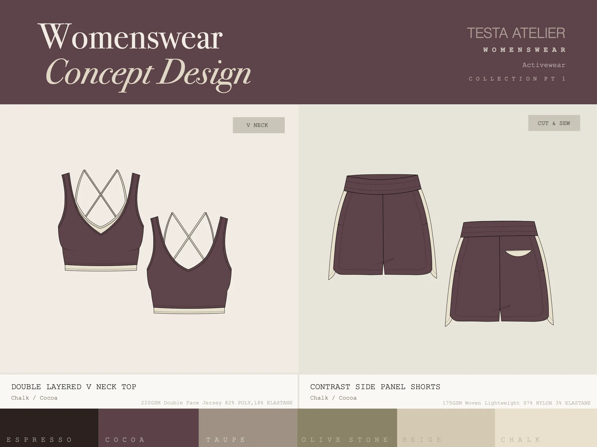 Womenswear concept range, board 1: womenswear concept board with a double-layered V-neck top and contrast side panel shorts in plum, and a six-colour palette.