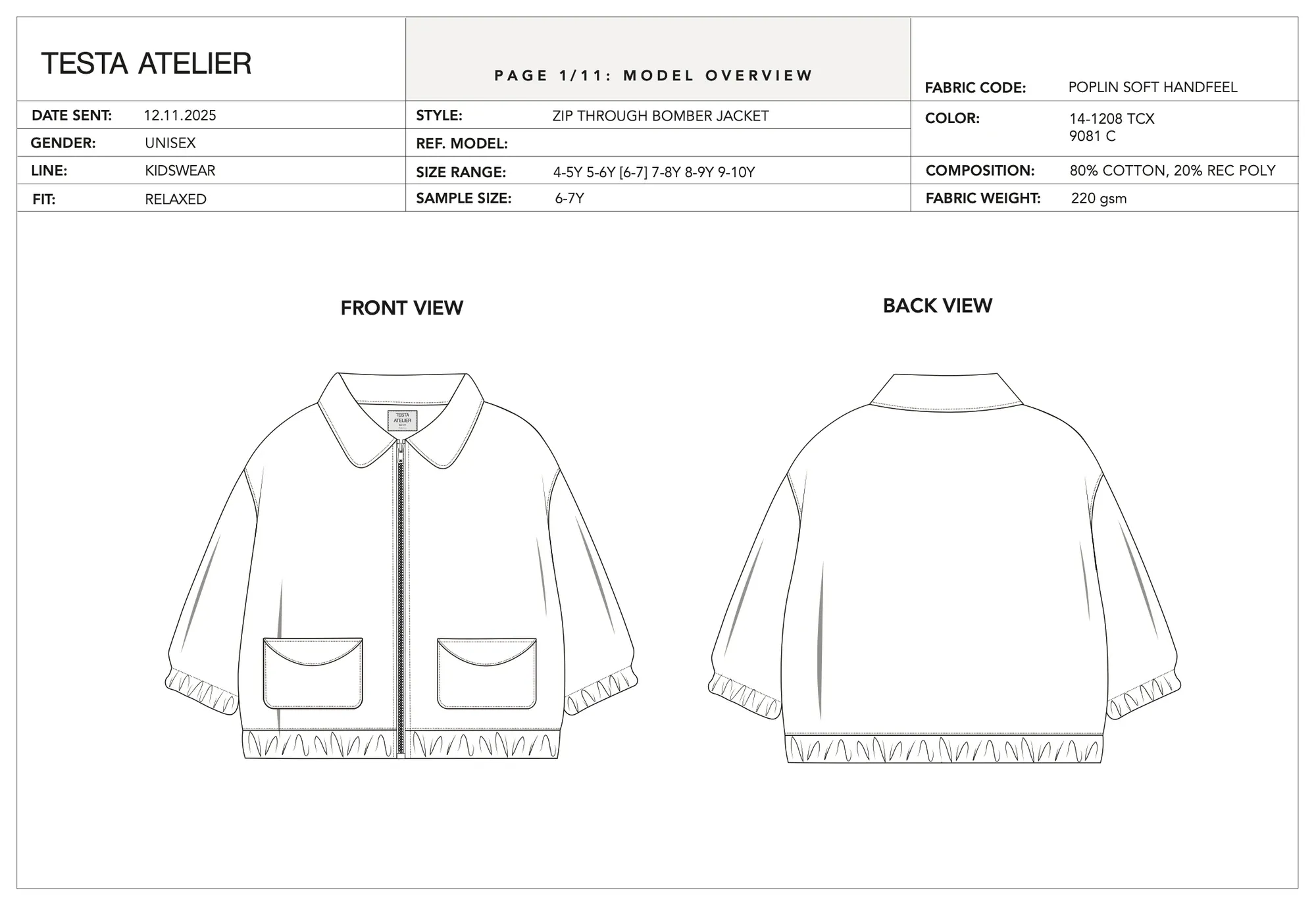 Kids zip-through bomber, model overview: full tech pack page with the Testa Atelier header: front and back technical flats of the zip-through bomber.