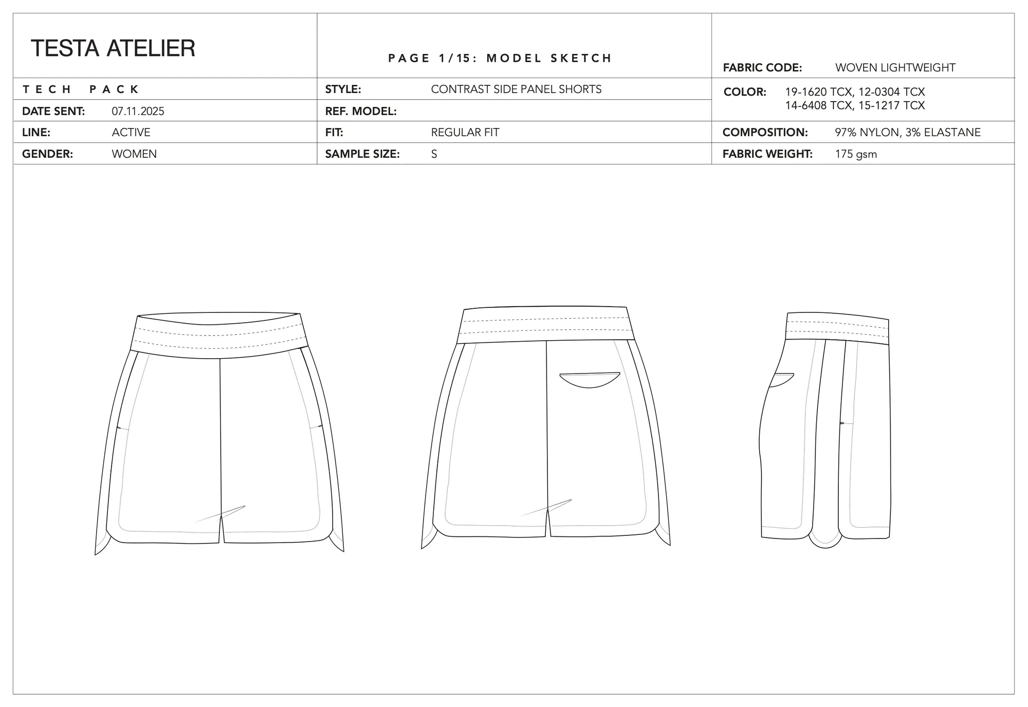 Contrast side panel shorts, model sketch: full tech pack page with the Testa Atelier header: front, back and side technical flats of the shorts.