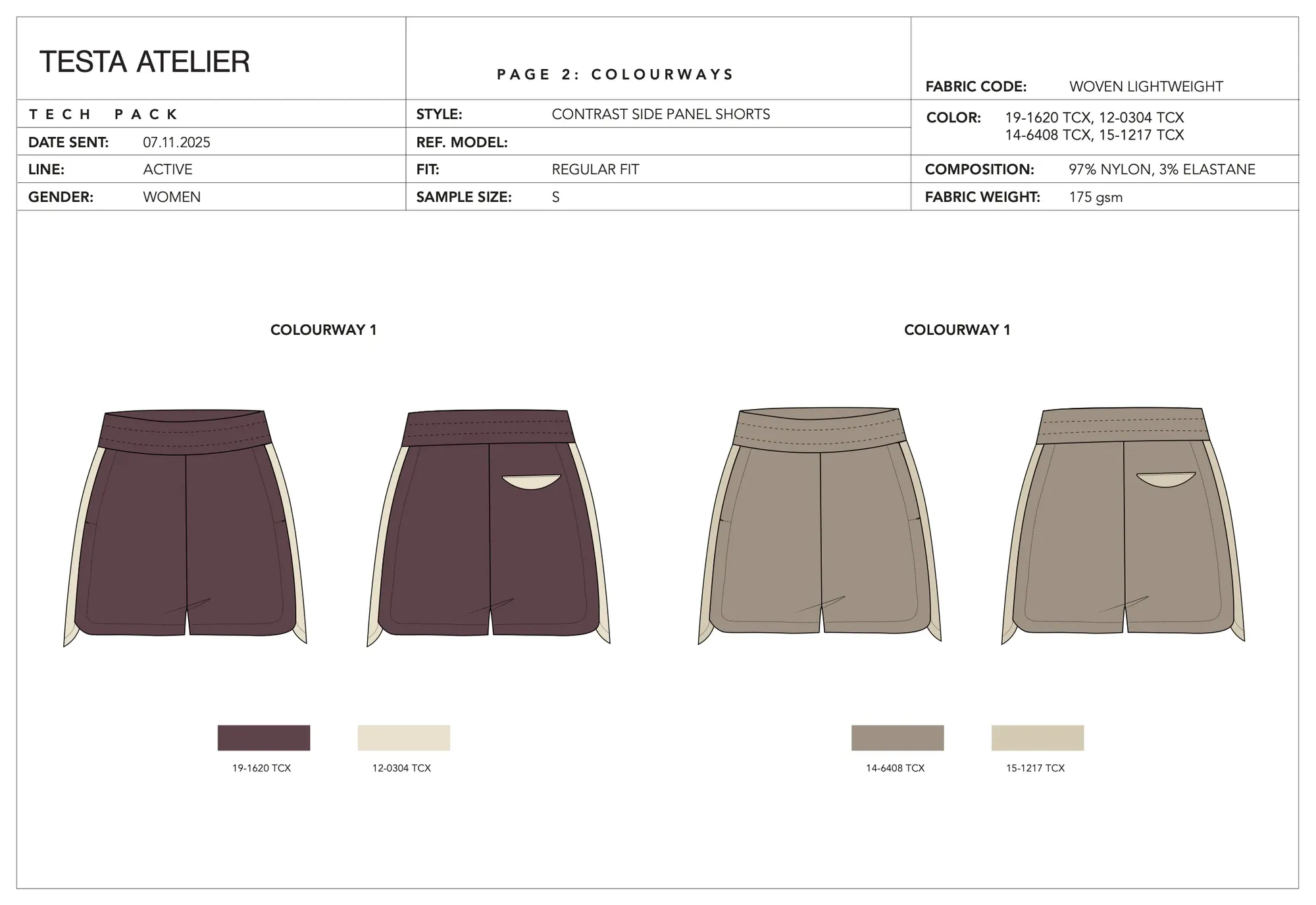 Contrast side panel shorts, colourways: two colourways shown front and back with Pantone TCX references.