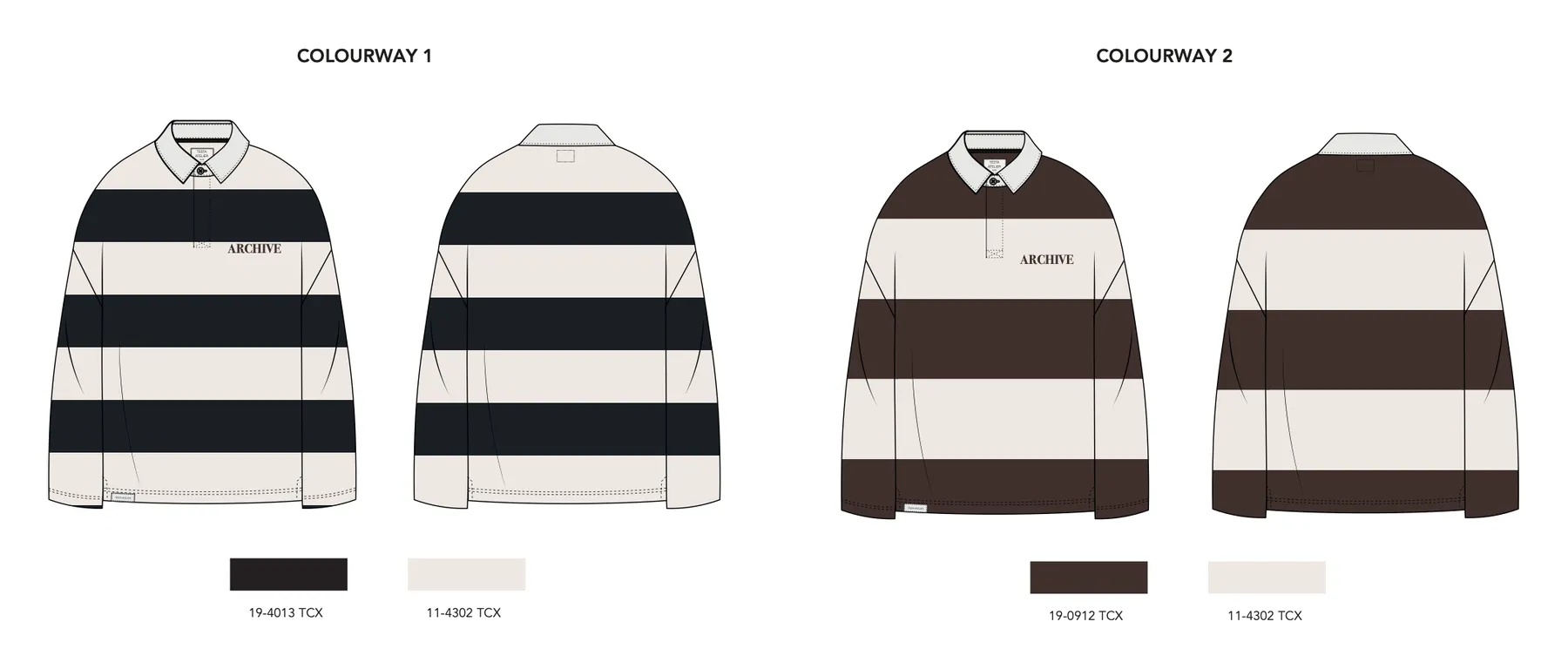 Archive rugby shirt, colourways: front and back flats of a rugby shirt in two colourways: navy and cream stripes, and brown and cream stripes, with Pantone chips.