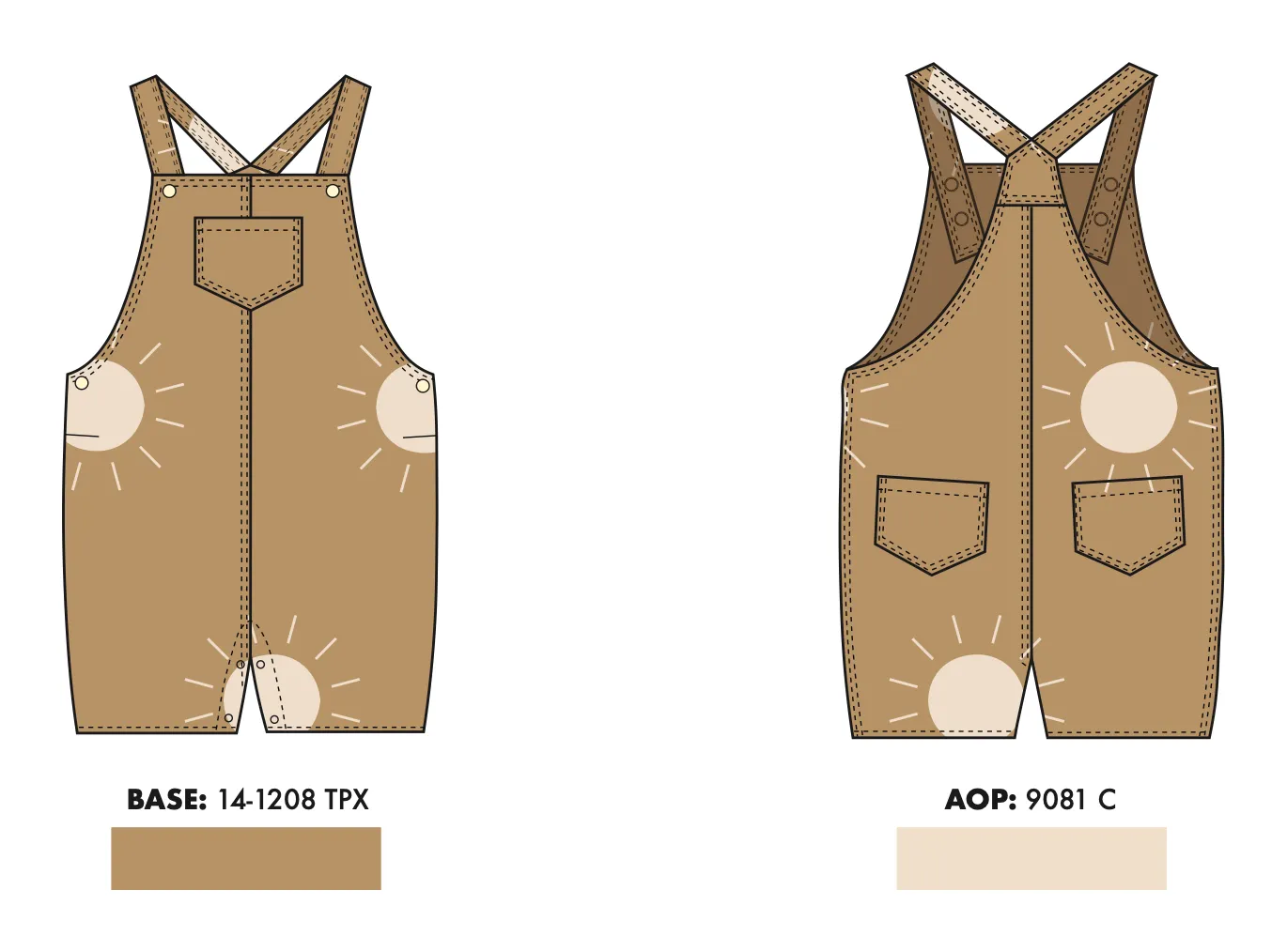 Printed baby romper, colourways: front and back flats of a camel romper with a cream sun print, with base and print colour chips.