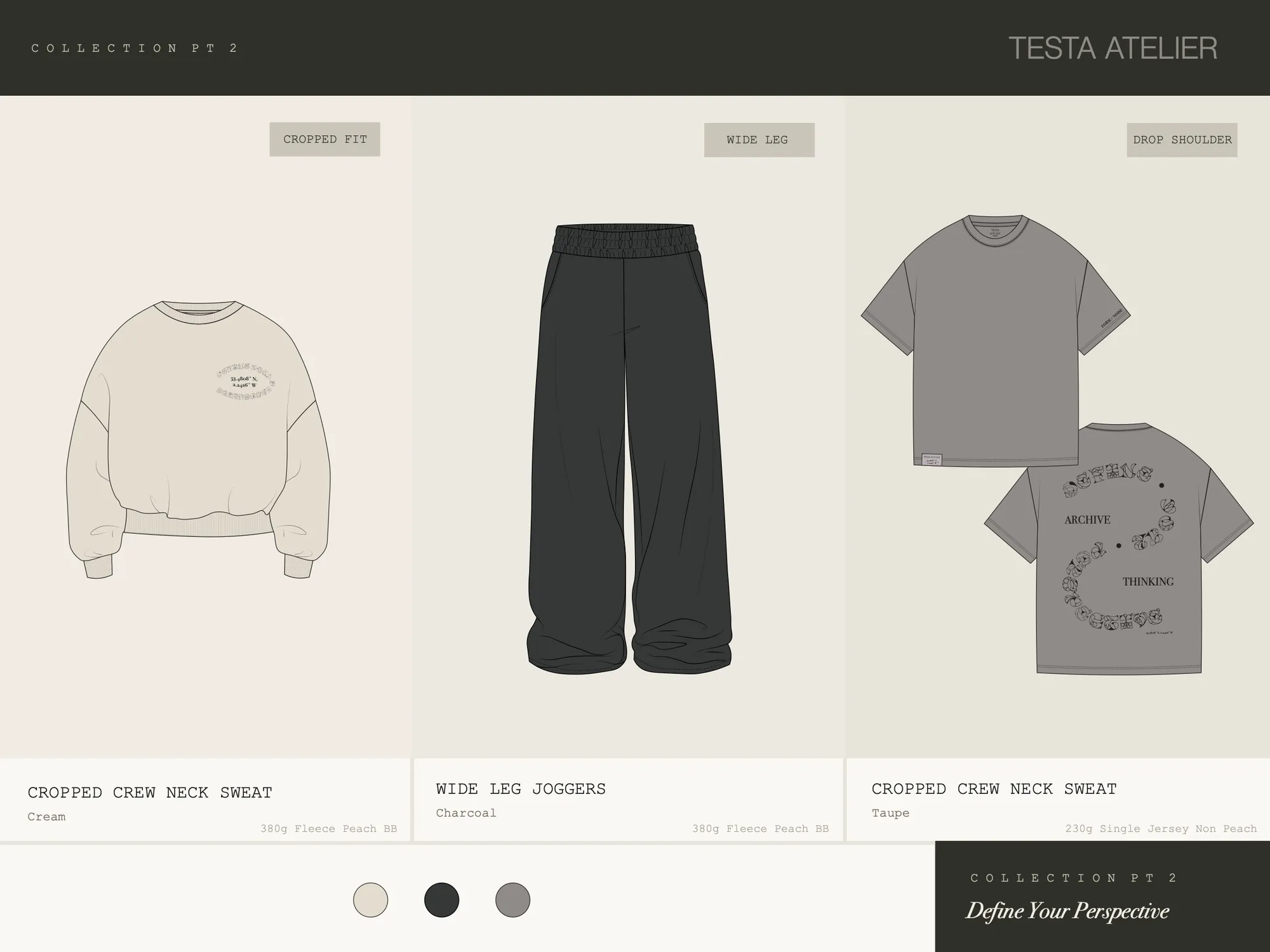 Menswear concept range, board 2: cropped crew neck sweat, wide-leg joggers and a drop-shoulder tee with back print.