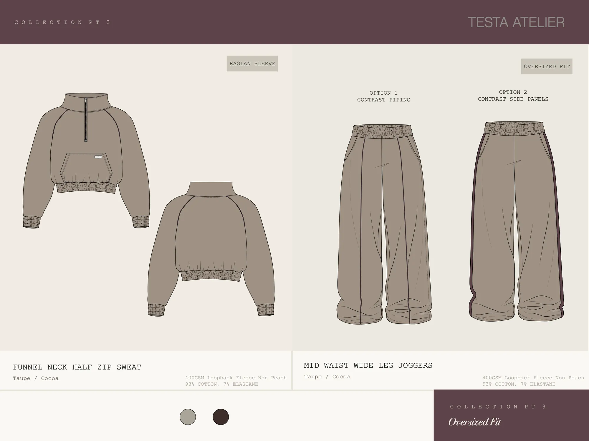 Womenswear concept range, board 3: oversized fit: funnel neck half-zip sweat and mid-waist wide-leg joggers in two panel options.