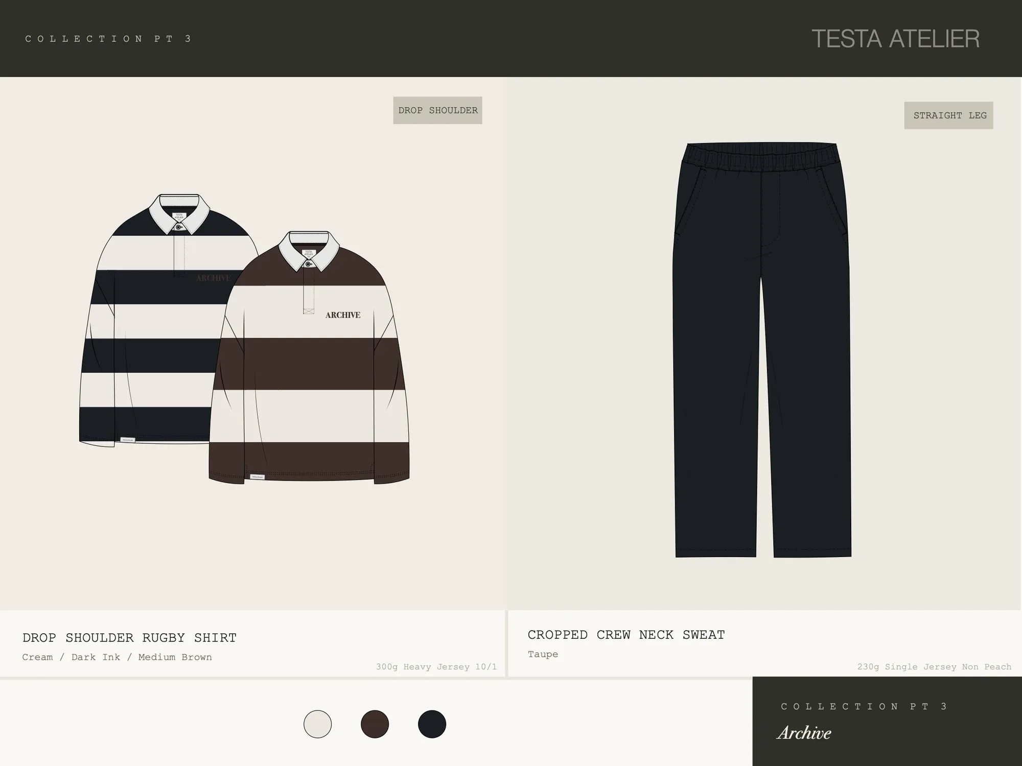 Menswear concept range, board 3: drop-shoulder rugby shirt in two stripe colourways and straight-leg trousers.