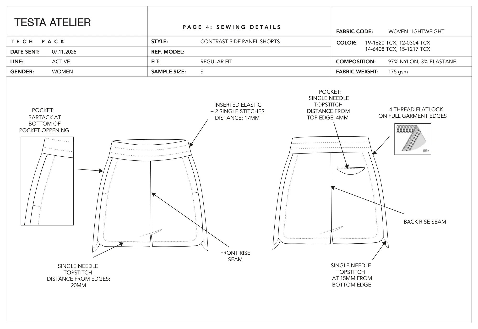 Contrast side panel shorts, sewing details: flats annotated with inserted elastic, pocket bartacks, flatlock seams and topstitch distances.