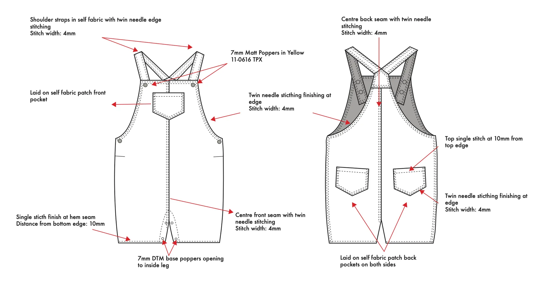 Printed baby romper, sewing and construction: flats annotated with twin-needle stitching, popper positions and patch pocket construction.