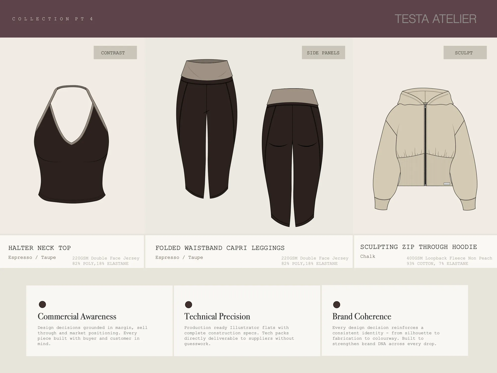 Womenswear concept range, board 4: halter neck top, folded waistband capri leggings and sculpting zip-through hoodie.