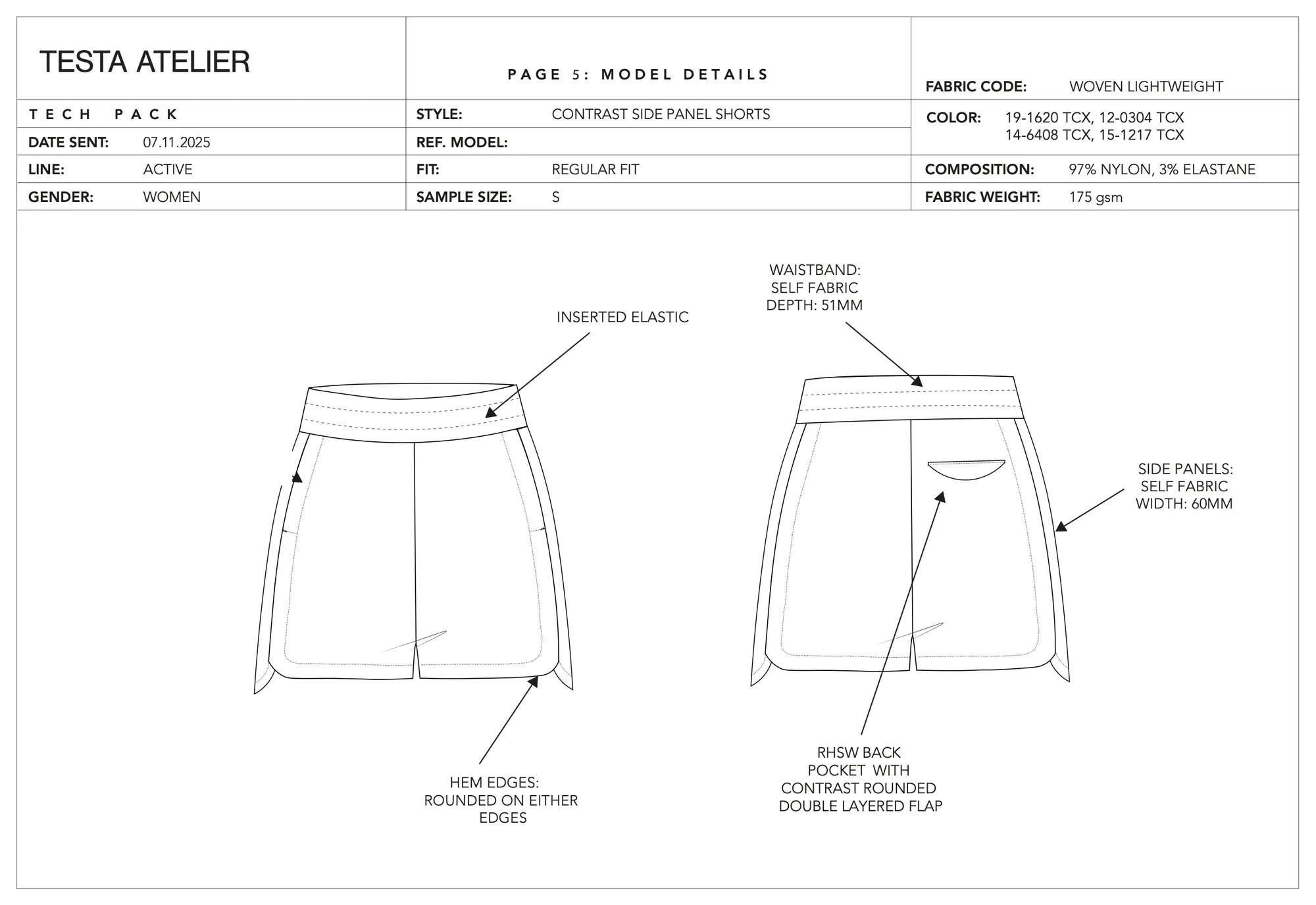Contrast side panel shorts, model details: front and back flats annotated with waistband, side panels, rounded hems and the double-layered back pocket flap.