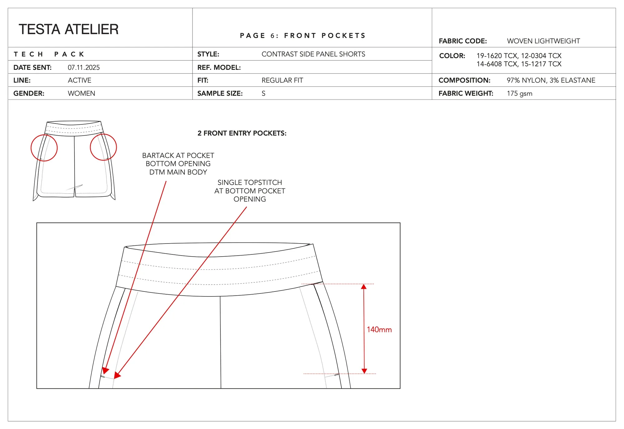Contrast side panel shorts, front pockets: front entry pockets with bartack and topstitch callouts and a 140 mm pocket opening.