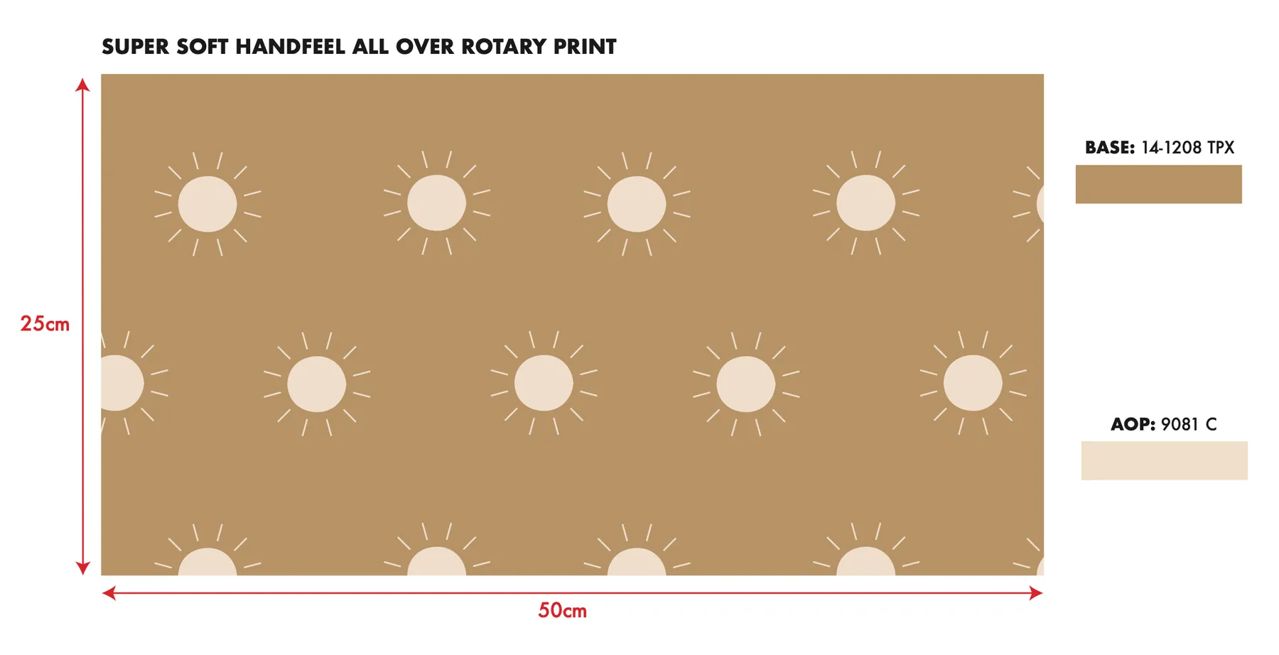 Printed baby romper, all-over print: sun all-over rotary print artwork shown at a 50 by 25 cm repeat.