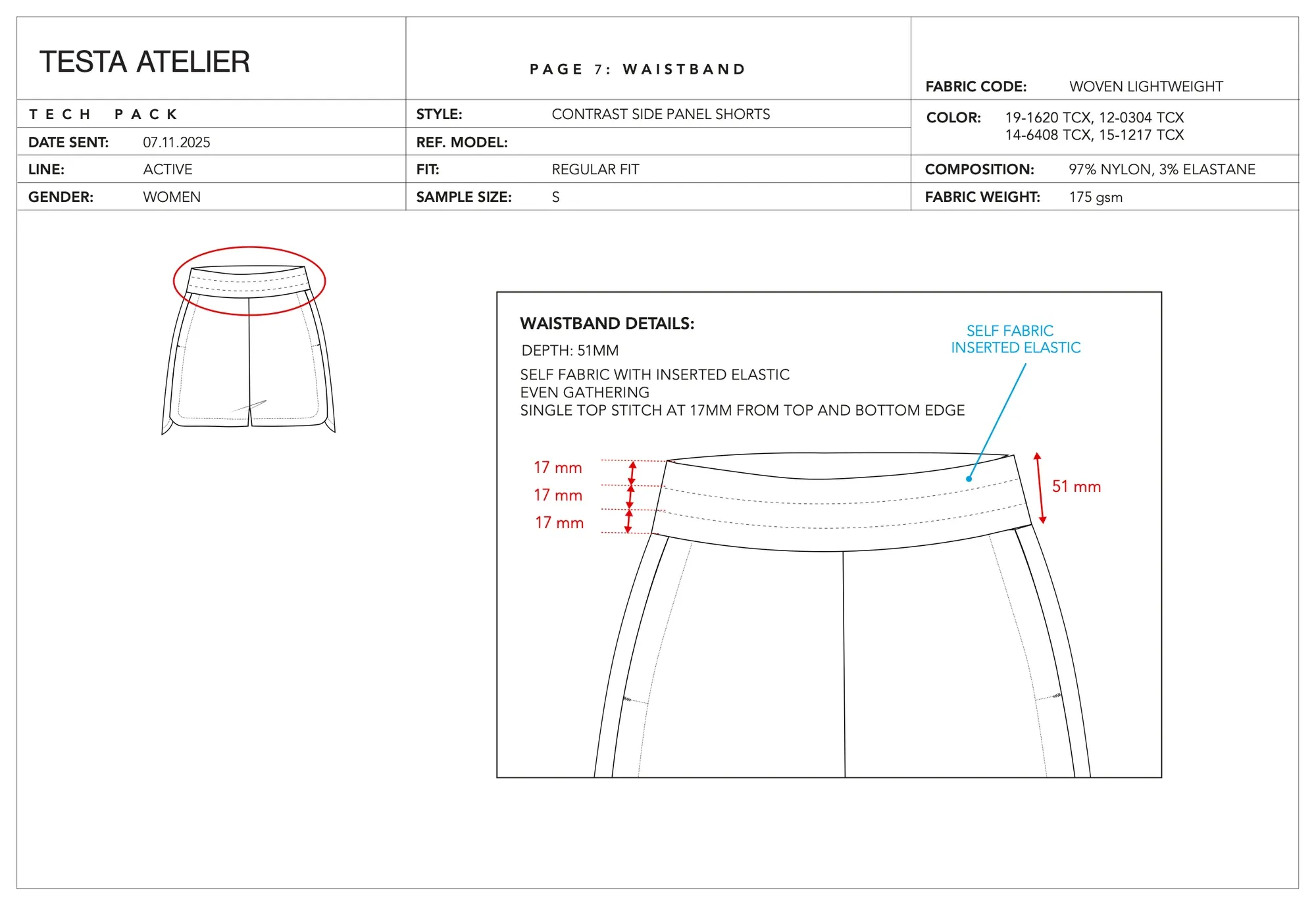 Contrast side panel shorts, waistband: waistband details: 51 mm self-fabric waistband with inserted elastic and topstitching at 17 mm.