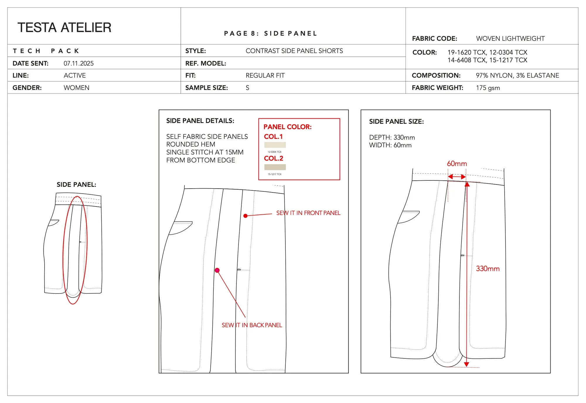 Contrast side panel shorts, side panel: side panel construction and size: 330 mm deep and 60 mm wide, sewn into front and back panels.