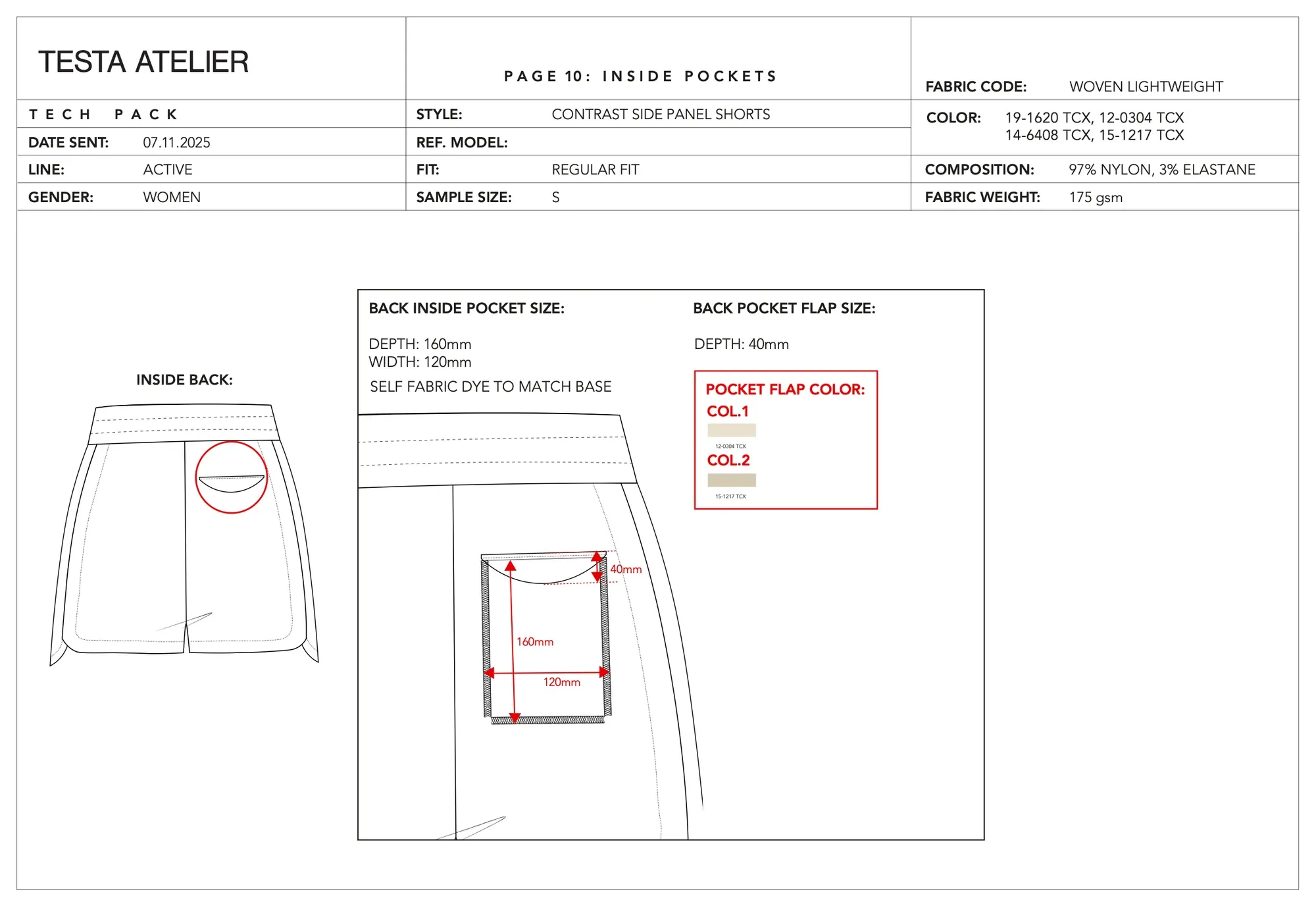 Contrast side panel shorts, inside back pocket: back inside pocket and flap sizes with contrast flap colours for each colourway.