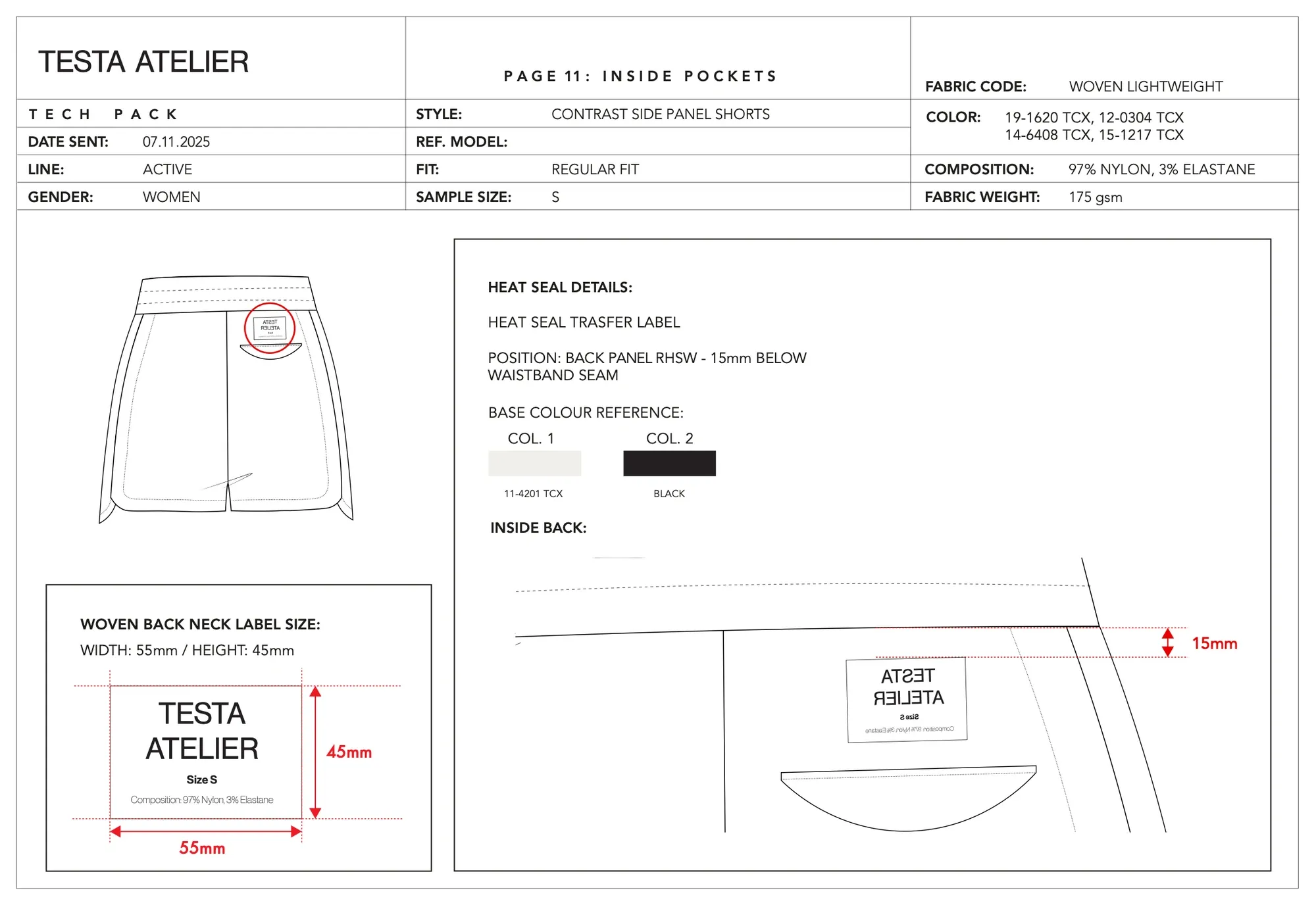Contrast side panel shorts, labels: heat seal label position and colours, and the 55 by 45 mm Testa Atelier woven back neck label.