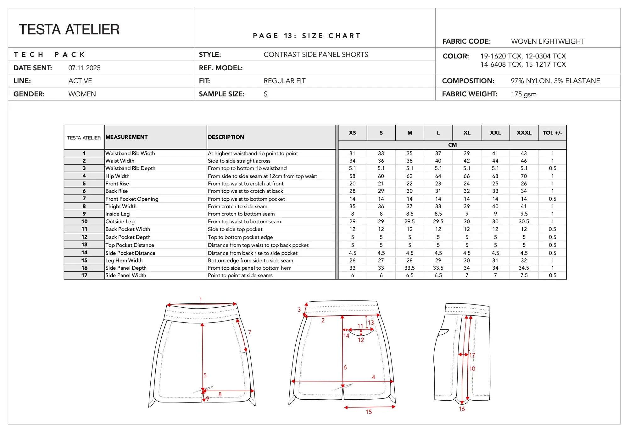 Contrast side panel shorts, size chart: size chart from XS to XXXL with 17 points of measure, and flats marked with each measurement.