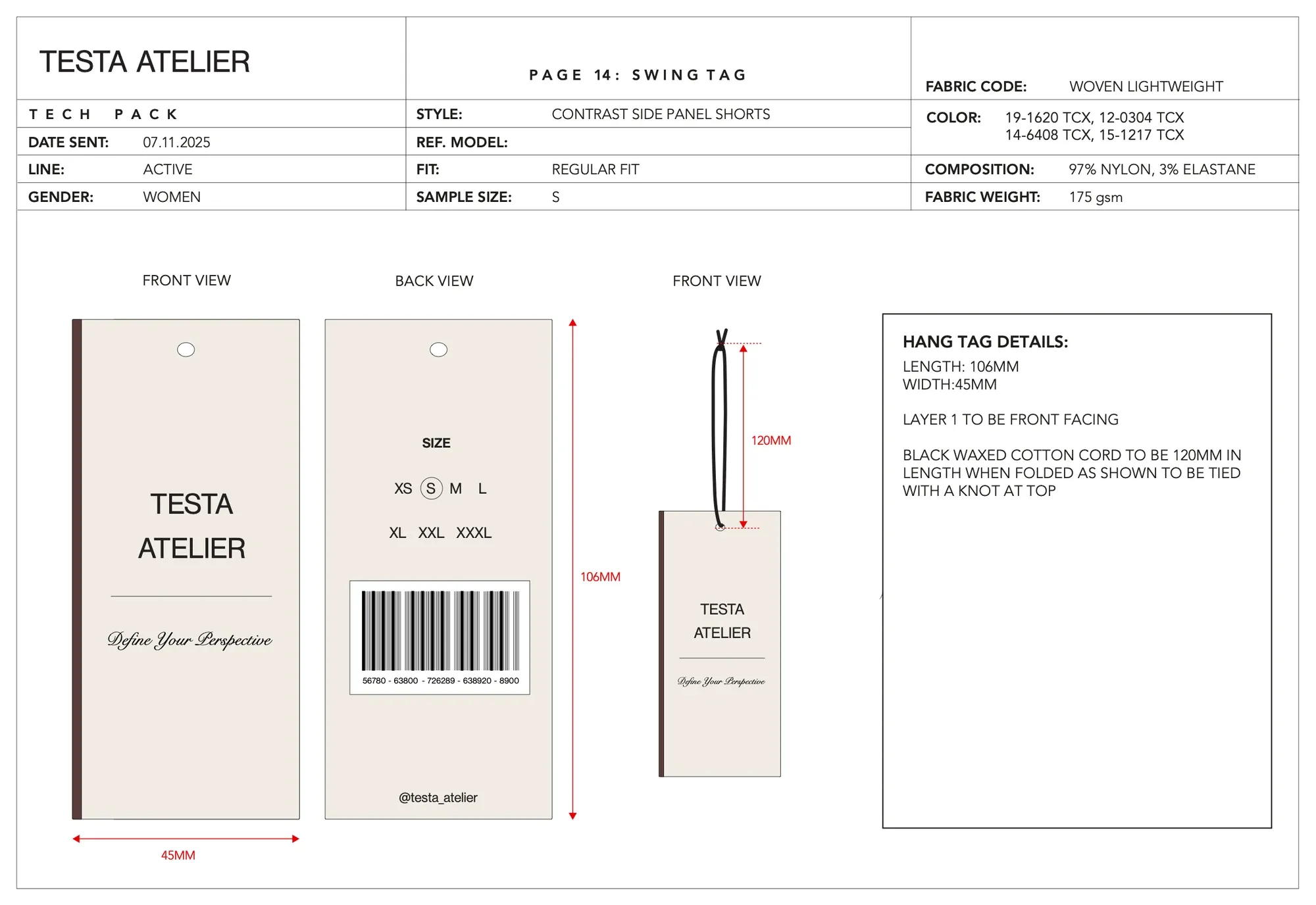 Contrast side panel shorts, swing tag: Testa Atelier swing tag, front and back, with size and barcode panel and cord length.
