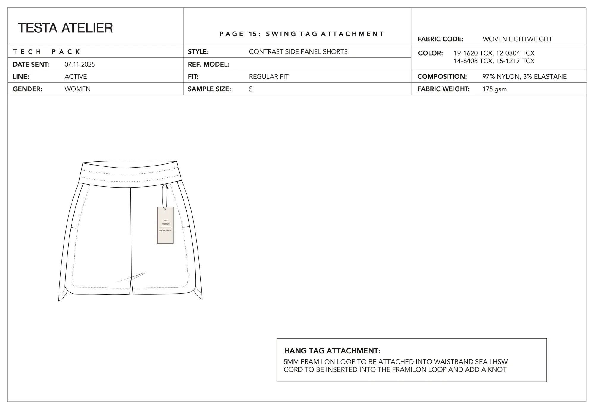 Contrast side panel shorts, swing tag attachment: swing tag attached at the left side waistband seam with a framilon loop and knotted cord.
